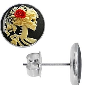 Stainless Steel Red Rose Skeleton Stud Earrings